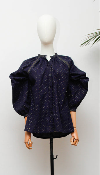 Rare 1970s Indu Indian Cotton Blouse, Indigo Block Print Bohemian Tunic
