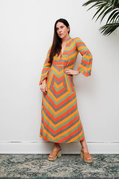 Vintage 1970s Cotton Kaftan Dress, Chevron Stripe Bohemian Maxi