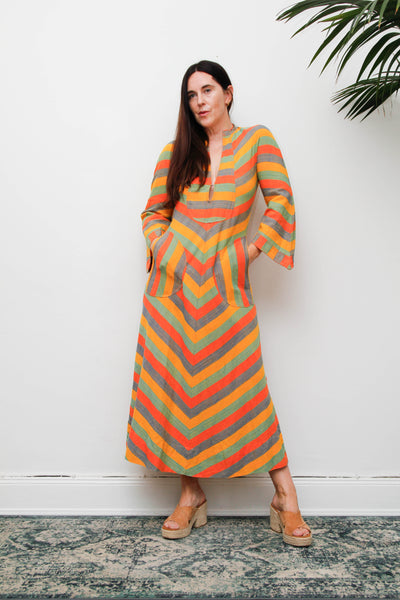 Vintage 1970s Cotton Kaftan Dress, Chevron Stripe Bohemian Maxi
