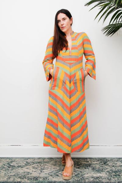 Vintage 1970s Cotton Kaftan Dress, Chevron Stripe Bohemian Maxi