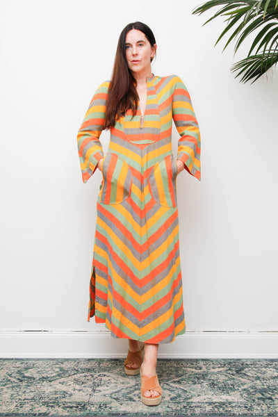 Vintage 1970s Cotton Kaftan Dress, Chevron Stripe Bohemian Maxi