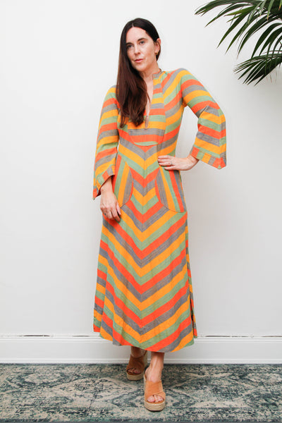 Vintage 1970s Cotton Kaftan Dress, Chevron Stripe Bohemian Maxi