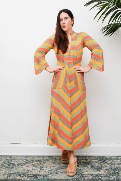 Vintage 1970s Cotton Kaftan Dress, Chevron Stripe Bohemian Maxi