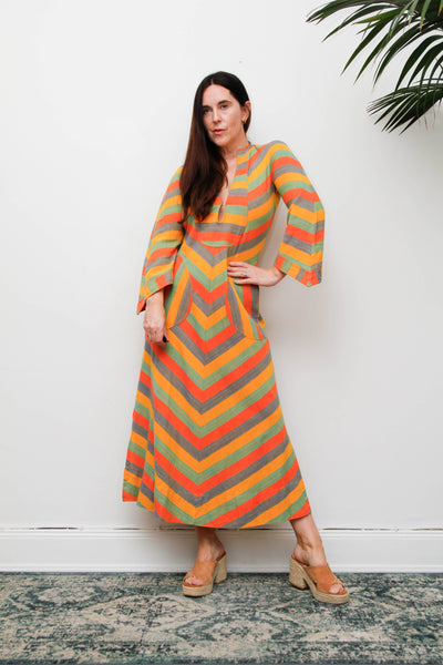 Vintage 1970s Cotton Kaftan Dress, Chevron Stripe Bohemian Maxi