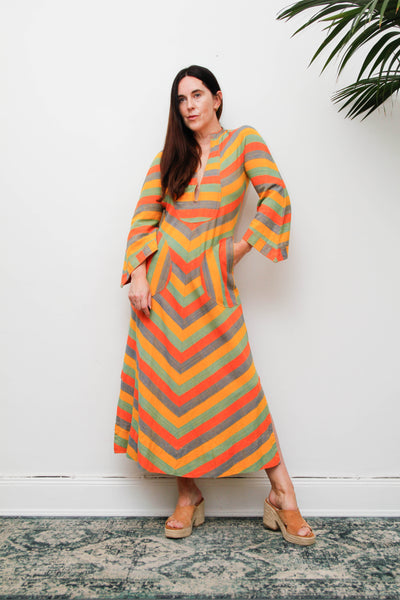 Vintage 1970s Cotton Kaftan Dress, Chevron Stripe Bohemian Maxi