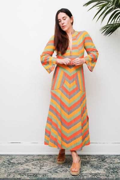 Vintage 1970s Cotton Kaftan Dress, Chevron Stripe Bohemian Maxi