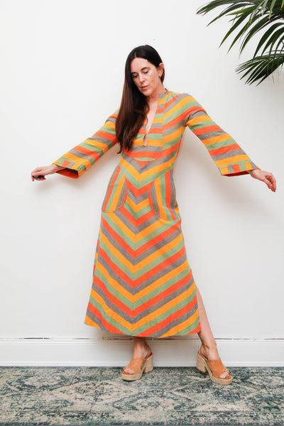Vintage 1970s Cotton Kaftan Dress, Chevron Stripe Bohemian Maxi