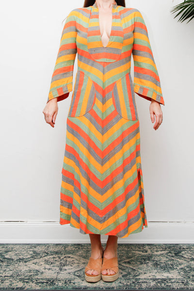 Vintage 1970s Cotton Kaftan Dress, Chevron Stripe Bohemian Maxi