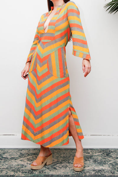 Vintage 1970s Cotton Kaftan Dress, Chevron Stripe Bohemian Maxi