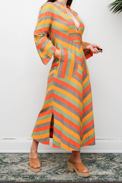 Vintage 1970s Cotton Kaftan Dress, Chevron Stripe Bohemian Maxi