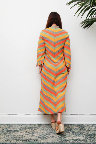 Vintage 1970s Cotton Kaftan Dress, Chevron Stripe Bohemian Maxi