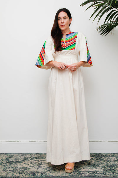 Vintage Cotton Chevron Dress, 70a Kaftan Folklore Bohemian Summer Maxi