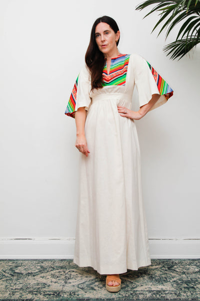 Vintage Cotton Chevron Dress, 70a Kaftan Folklore Bohemian Summer Maxi