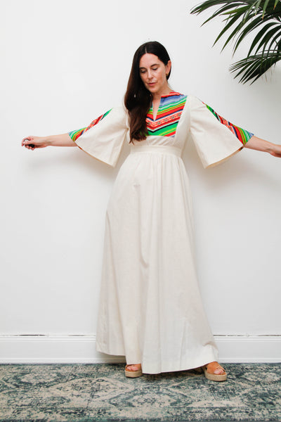 Vintage Cotton Chevron Dress, 70a Kaftan Folklore Bohemian Summer Maxi