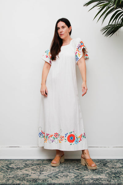 Vintage Mexican Embroidered Cotton Dress, White Bohemian Maxi Dress