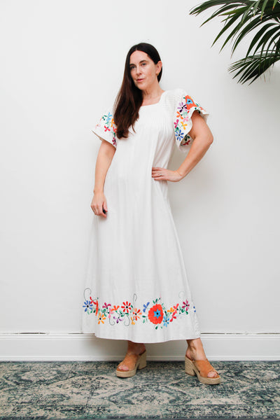 Vintage Mexican Embroidered Cotton Dress, White Bohemian Maxi Dress