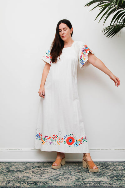 Vintage Mexican Embroidered Cotton Dress, White Bohemian Maxi Dress