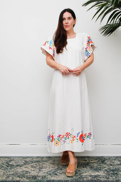 Vintage Mexican Embroidered Cotton Dress, White Bohemian Maxi Dress