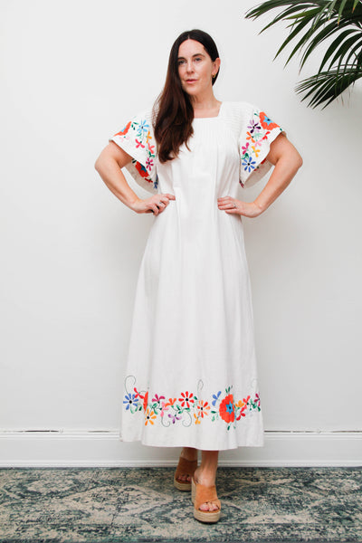 Vintage Mexican Embroidered Cotton Dress, White Bohemian Maxi Dress