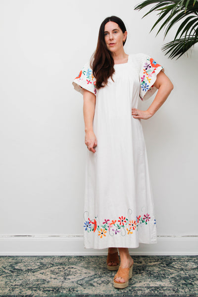 Vintage Mexican Embroidered Cotton Dress, White Bohemian Maxi Dress