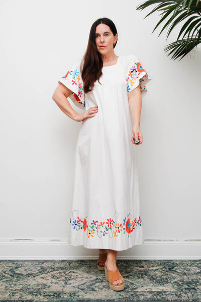 Vintage Mexican Embroidered Cotton Dress, White Bohemian Maxi Dress