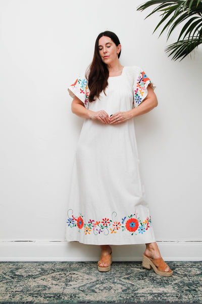 Vintage Mexican Embroidered Cotton Dress, White Bohemian Maxi Dress