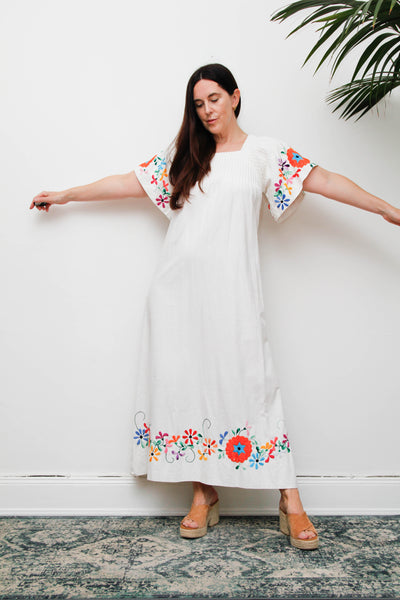 Vintage Mexican Embroidered Cotton Dress, White Bohemian Maxi Dress