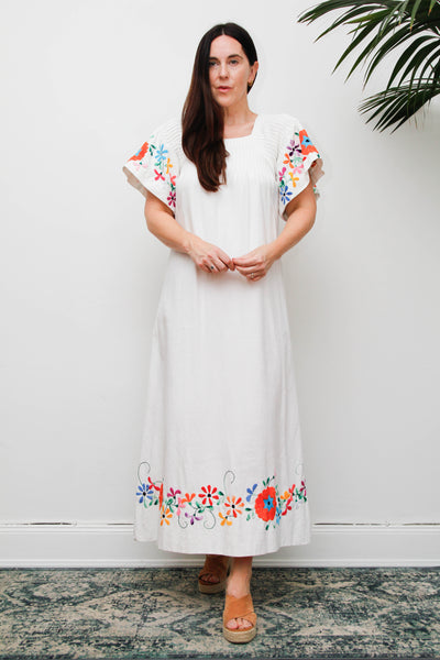 Vintage Mexican Embroidered Cotton Dress, White Bohemian Maxi Dress