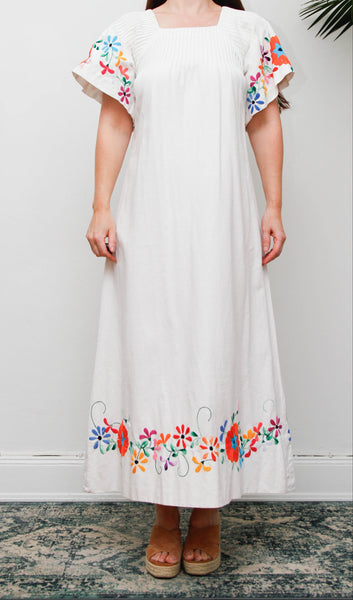 Vintage Mexican Embroidered Cotton Dress, White Bohemian Maxi Dress