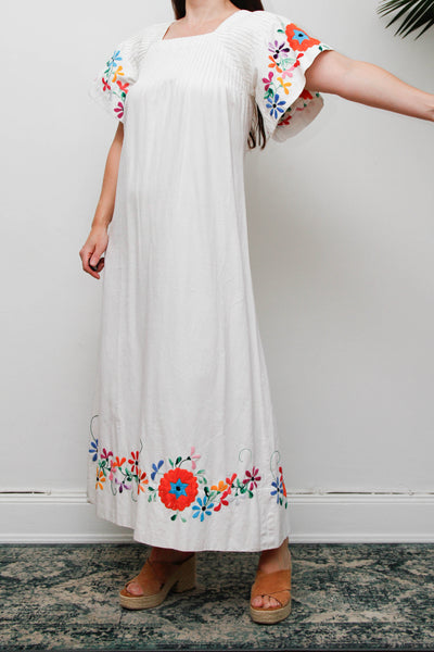 Vintage Mexican Embroidered Cotton Dress, White Bohemian Maxi Dress