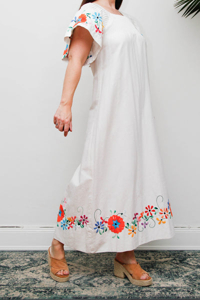 Vintage Mexican Embroidered Cotton Dress, White Bohemian Maxi Dress
