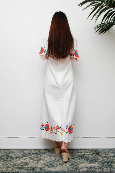 Vintage Mexican Embroidered Cotton Dress, White Bohemian Maxi Dress