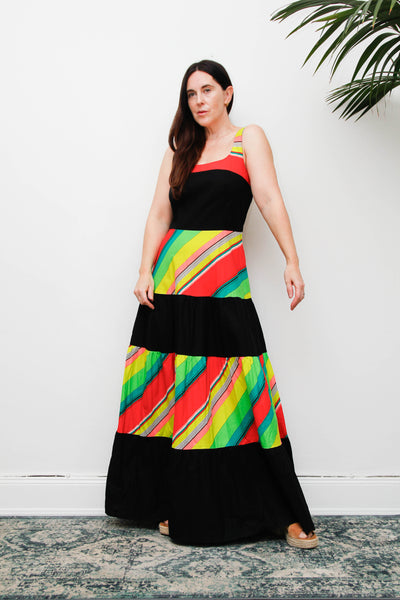 Vintage 1970s Cotton Maxi Dress, Multicolour Stripe Bohemian Sundress
