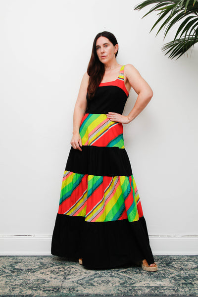 Vintage 1970s Cotton Maxi Dress, Multicolour Stripe Bohemian Sundress