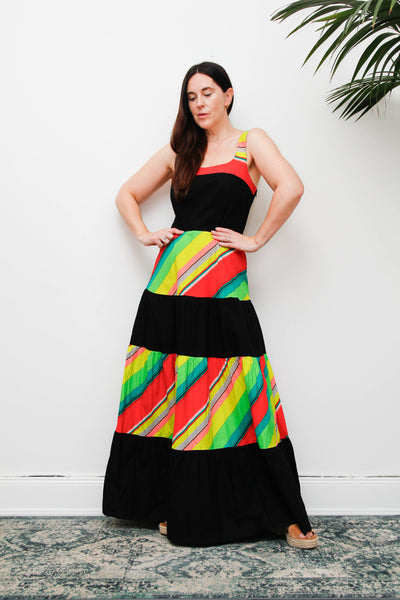 Vintage 1970s Cotton Maxi Dress, Multicolour Stripe Bohemian Sundress