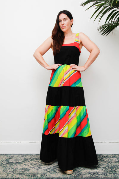 Vintage 1970s Cotton Maxi Dress, Multicolour Stripe Bohemian Sundress