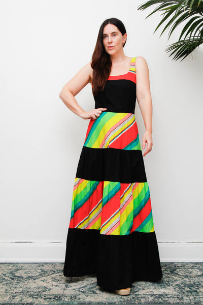 Vintage 1970s Cotton Maxi Dress, Multicolour Stripe Bohemian Sundress