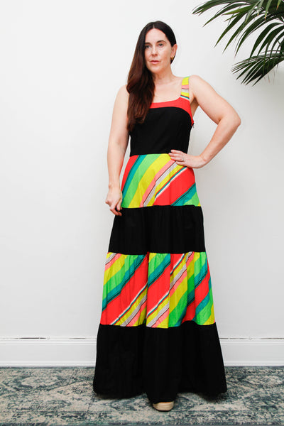 Vintage 1970s Cotton Maxi Dress, Multicolour Stripe Bohemian Sundress