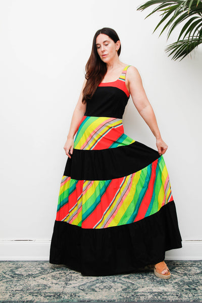 Vintage 1970s Cotton Maxi Dress, Multicolour Stripe Bohemian Sundress