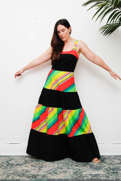 Vintage 1970s Cotton Maxi Dress, Multicolour Stripe Bohemian Sundress