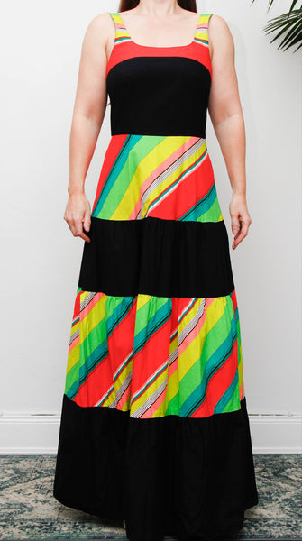Vintage 1970s Cotton Maxi Dress, Multicolour Stripe Bohemian Sundress