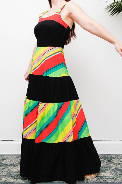 Vintage 1970s Cotton Maxi Dress, Multicolour Stripe Bohemian Sundress