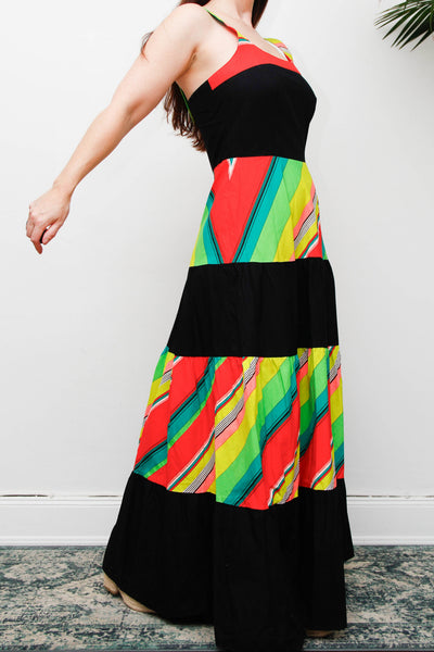 Vintage 1970s Cotton Maxi Dress, Multicolour Stripe Bohemian Sundress
