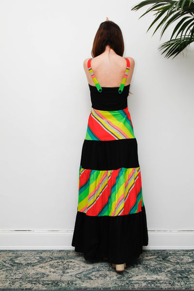 Vintage 1970s Cotton Maxi Dress, Multicolour Stripe Bohemian Sundress