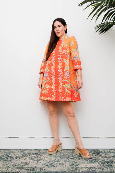 Vintage 1970s Cotton Mini Dress, Orange Floral Mod A-Line Dress