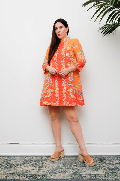 Vintage 1970s Cotton Mini Dress, Orange Floral Mod A-Line Dress