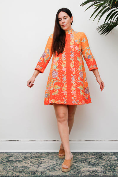Vintage 1970s Cotton Mini Dress, Orange Floral Mod A-Line Dress
