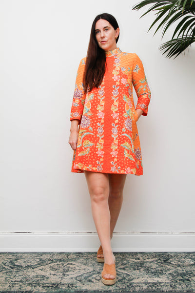 Vintage 1970s Cotton Mini Dress, Orange Floral Mod A-Line Dress