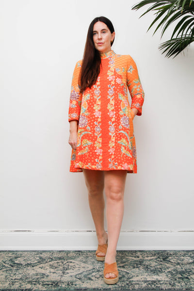 Vintage 1970s Cotton Mini Dress, Orange Floral Mod A-Line Dress