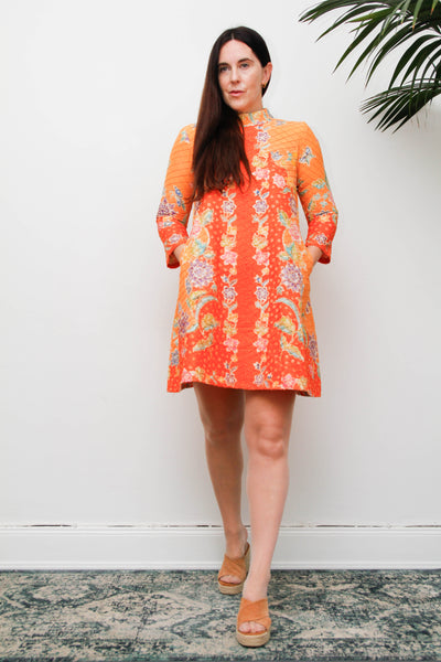 Vintage 1970s Cotton Mini Dress, Orange Floral Mod A-Line Dress